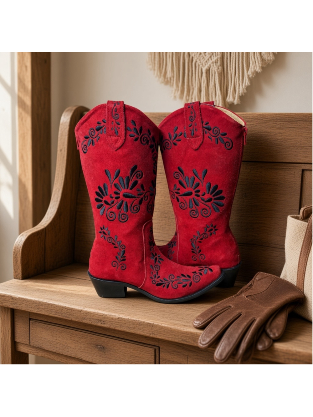 Agave Sky Red Suede Charro Embroidered Boho Chic Cowboy Boots 6 Like New